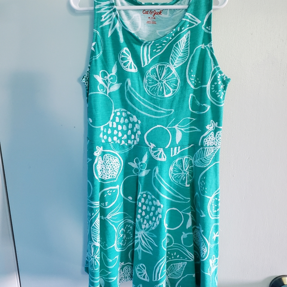 Girls Aqua dress with fruit print